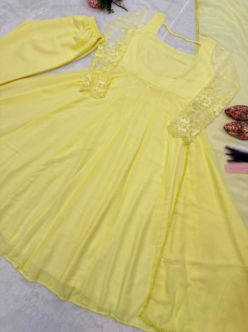 Yellow faux georgette embroidered kurta set