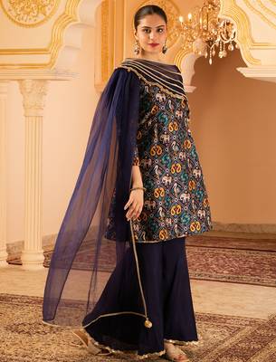Navy blue a-shape tusser silk 3 piece suit set 4