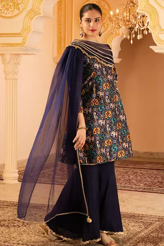 Navy blue a-shape tusser silk 3 piece suit set