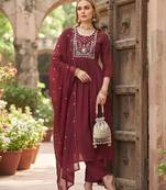Maroon hand embroidered silk blend kurta set