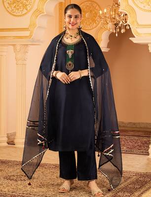 Navy blue hand embroidered silk 3 piece suit set 1