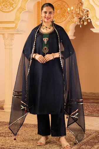 Navy blue hand embroidered silk 3 piece suit set