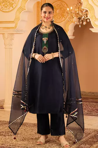 Navy blue hand embroidered silk 3 piece suit set