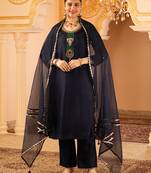 Navy blue hand embroidered silk 3 piece suit set