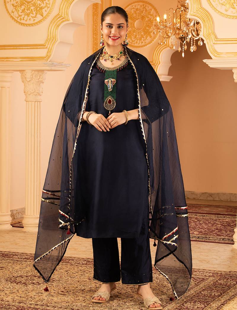 Navy blue hand embroidered silk 3 piece suit set