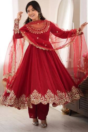 Red silk blend embroidered flared gown set