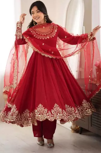 Red silk blend embroidered flared gown set