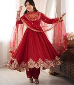 Red silk blend embroidered flared gown set