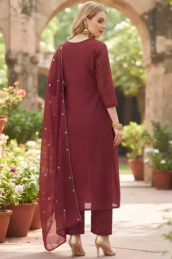 Maroon hand embroidered silk blend kurta set