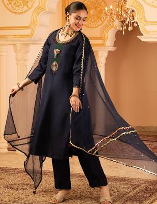 Navy blue hand embroidered silk 3 piece suit set 2