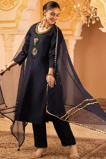 Navy blue hand embroidered silk 3 piece suit set