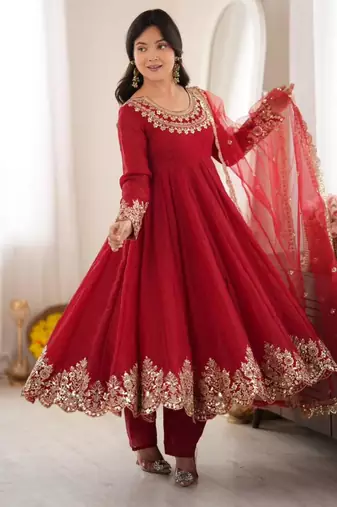 Red silk blend embroidered flared gown set