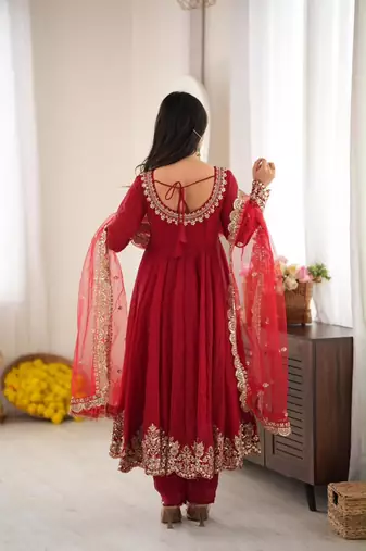 Red silk blend embroidered flared gown set