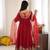 Red silk blend embroidered flared gown set