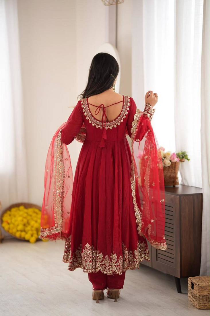 Red silk blend embroidered flared gown set