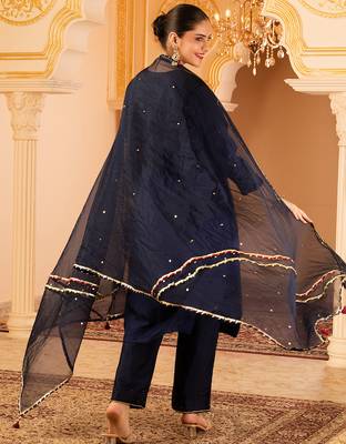 Navy blue hand embroidered silk 3 piece suit set 3