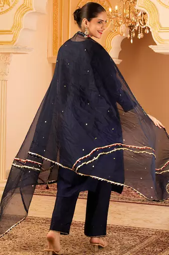 Navy blue hand embroidered silk 3 piece suit set