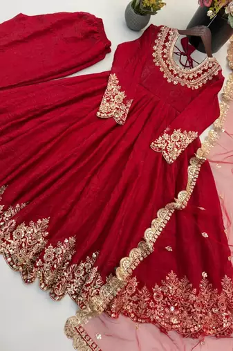 Red silk blend embroidered flared gown set