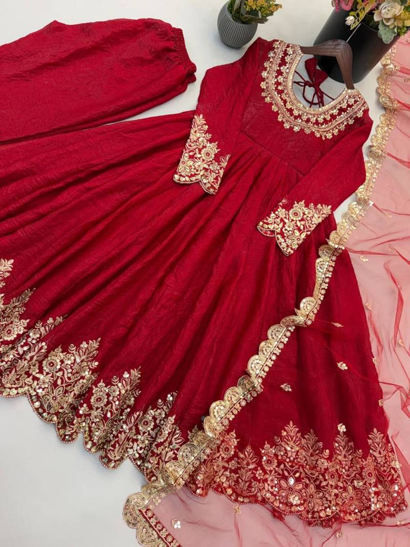 Red silk blend embroidered flared gown set
