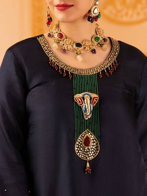 Navy blue hand embroidered silk 3 piece suit set 4