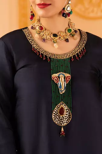 Navy blue hand embroidered silk 3 piece suit set