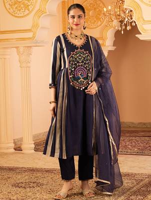 Deep ink blue a-shape tusser silk 3 piece suit set 1