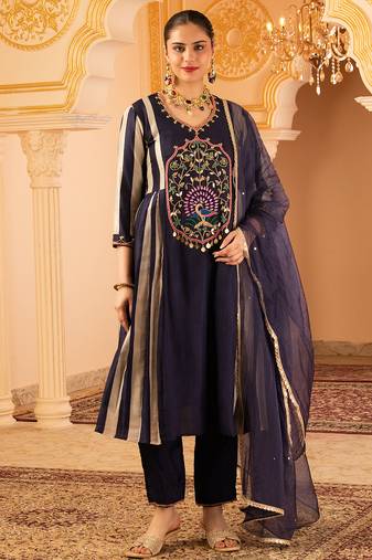 Deep ink blue a-shape tusser silk 3 piece suit set