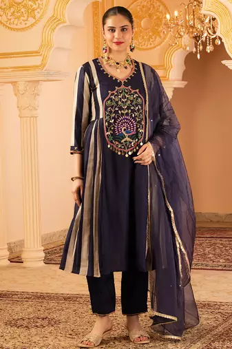 Deep ink blue a-shape tusser silk 3 piece suit set