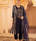 Deep ink blue a-shape tusser silk 3 piece suit set