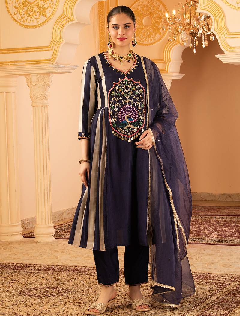 Deep ink blue a-shape tusser silk 3 piece suit set