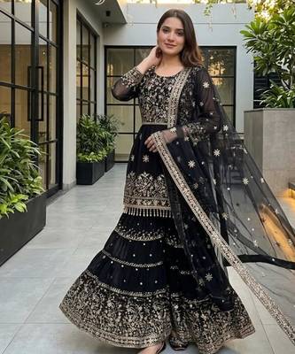 Black faux georgette embroidered sharara set 1