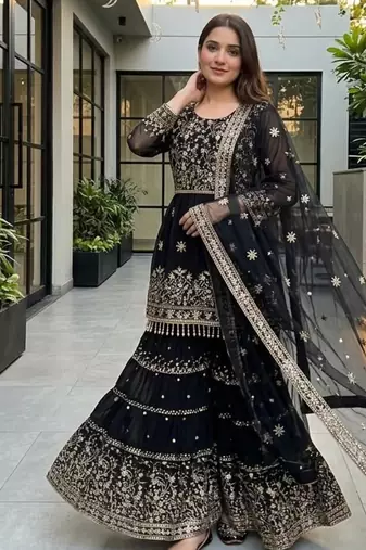 Black faux georgette embroidered sharara set