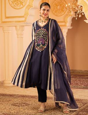 Deep ink blue a-shape tusser silk 3 piece suit set 2