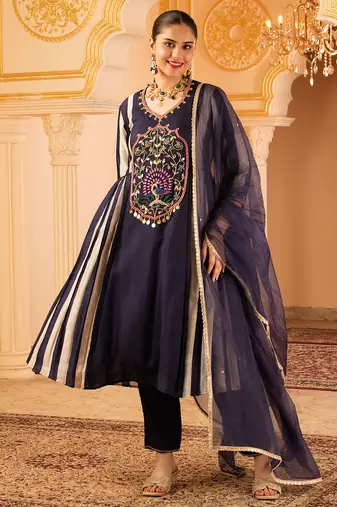 Deep ink blue a-shape tusser silk 3 piece suit set