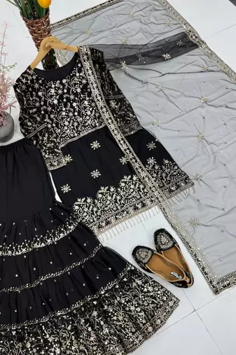 Black faux georgette embroidered sharara set