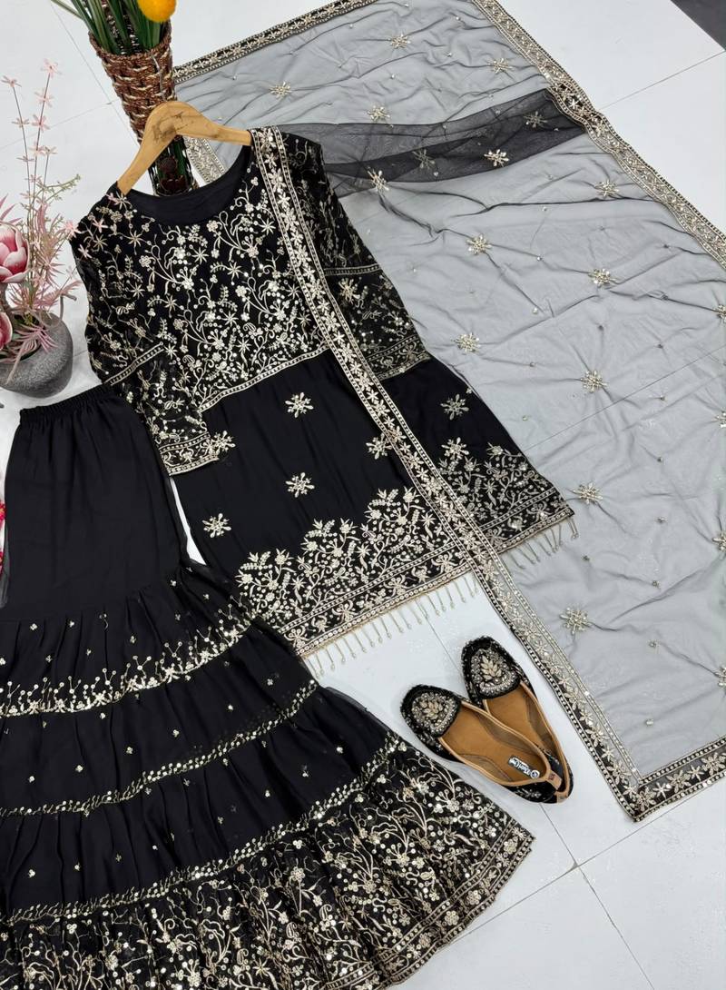 Black faux georgette embroidered sharara set