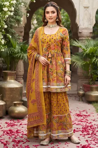 Mustard floral printed cotton kurta set