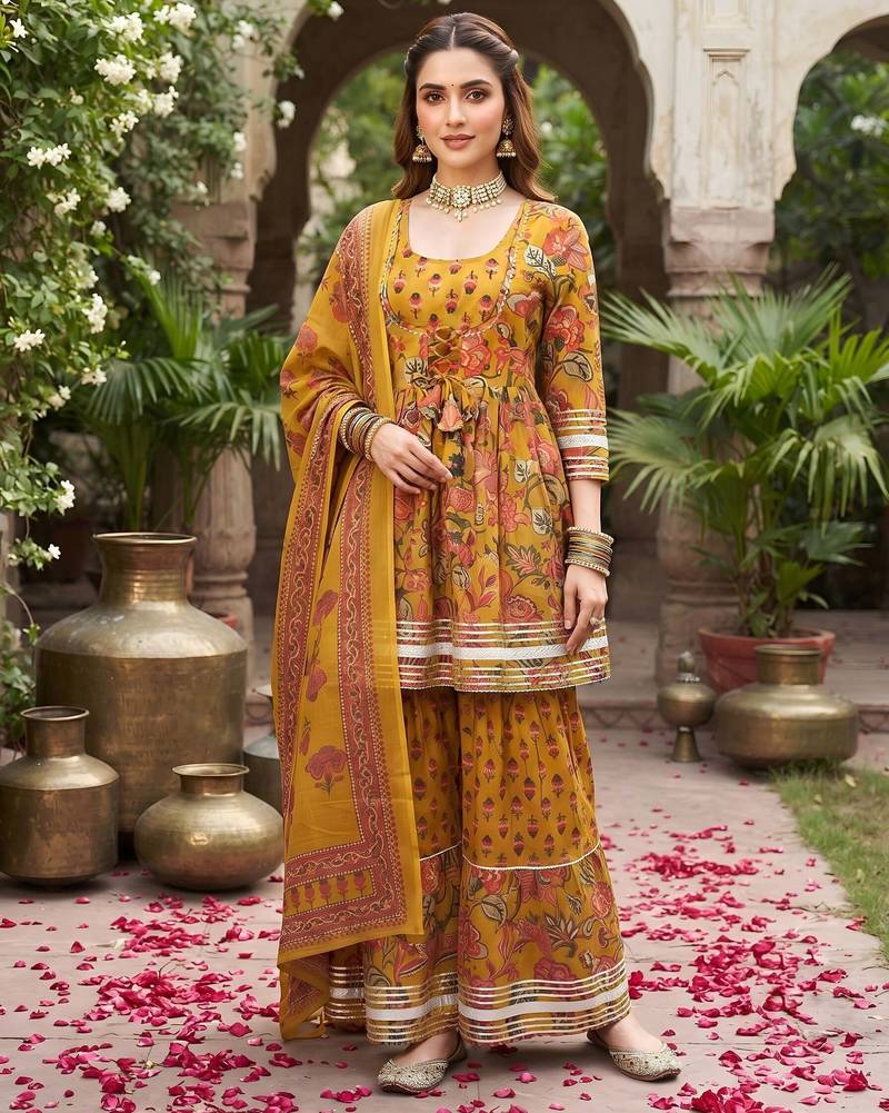 Mustard floral printed cotton kurta set