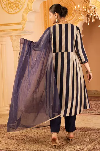 Deep ink blue a-shape tusser silk 3 piece suit set