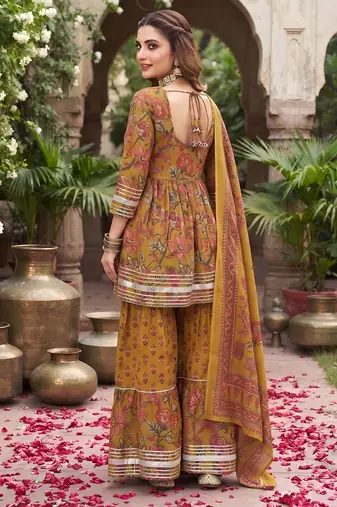 Mustard floral printed cotton kurta set