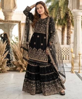 Black faux georgette embroidered sharara set 3