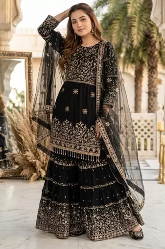Black faux georgette embroidered sharara set