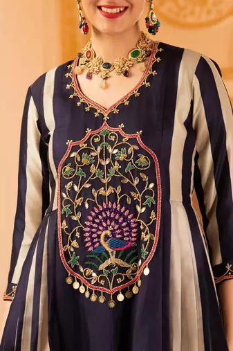 Deep ink blue a-shape tusser silk 3 piece suit set
