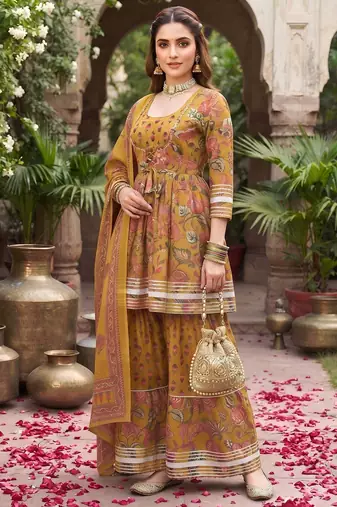 Mustard floral printed cotton kurta set