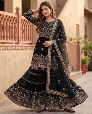 Black faux georgette embroidered sharara set 4