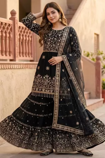Black faux georgette embroidered sharara set