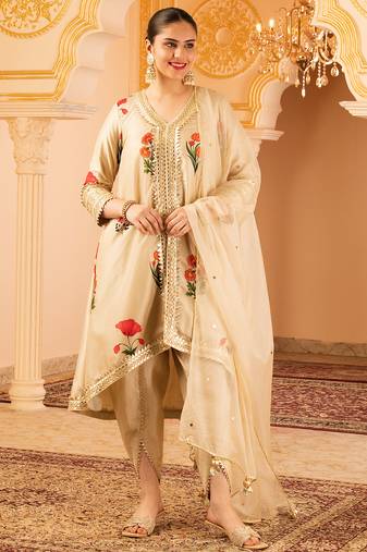 Beige a-shape tusser silk suit set
