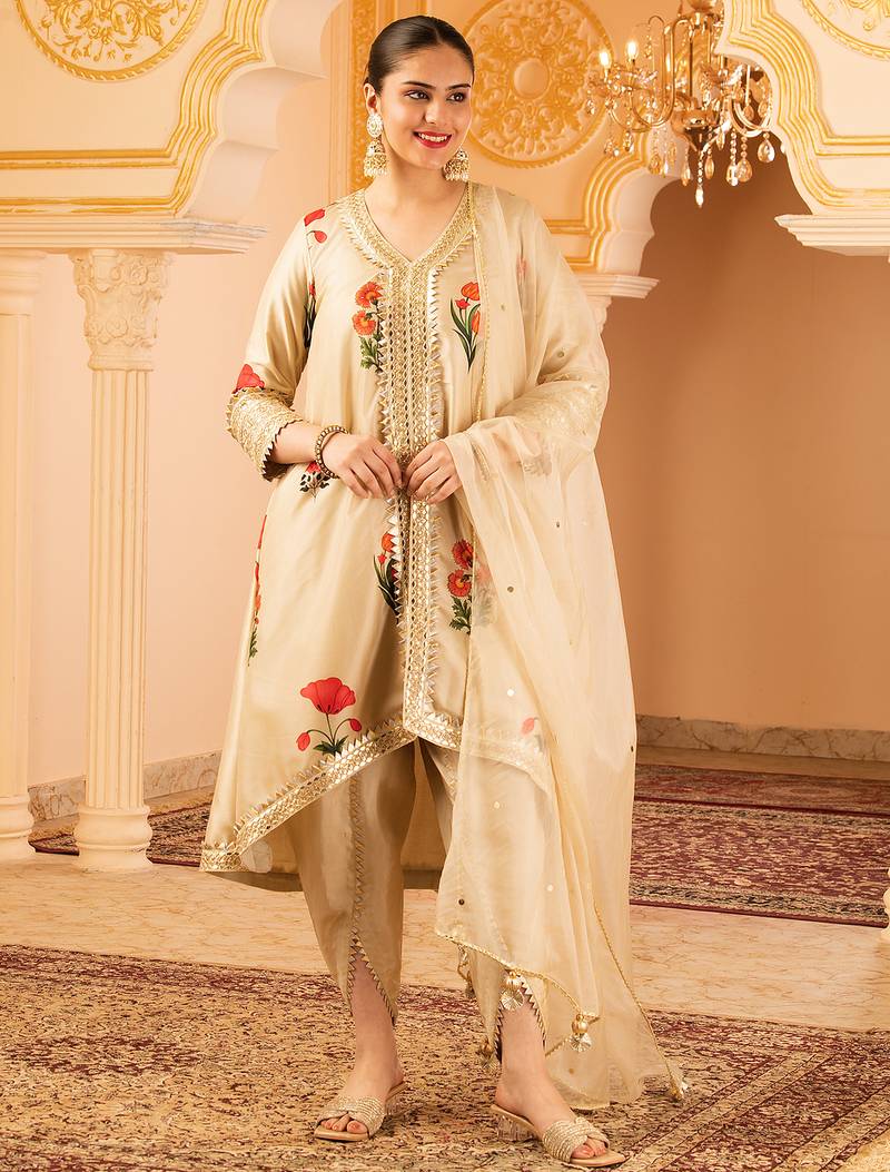 Beige a-shape tusser silk suit set