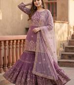 Lavender faux georgette embroidered sharara set