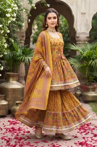Mustard floral printed cotton kurta set